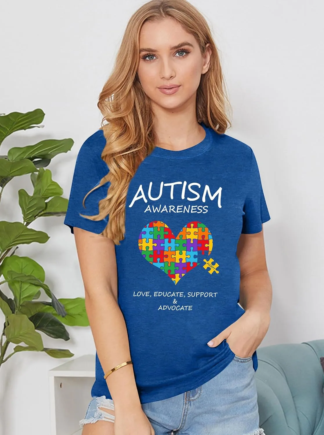 Autism Awareness Shirt for Women I Wear Blue Tshirt Autistic Mom T-Shirt Puzzle Piece Short Sleeve Tops