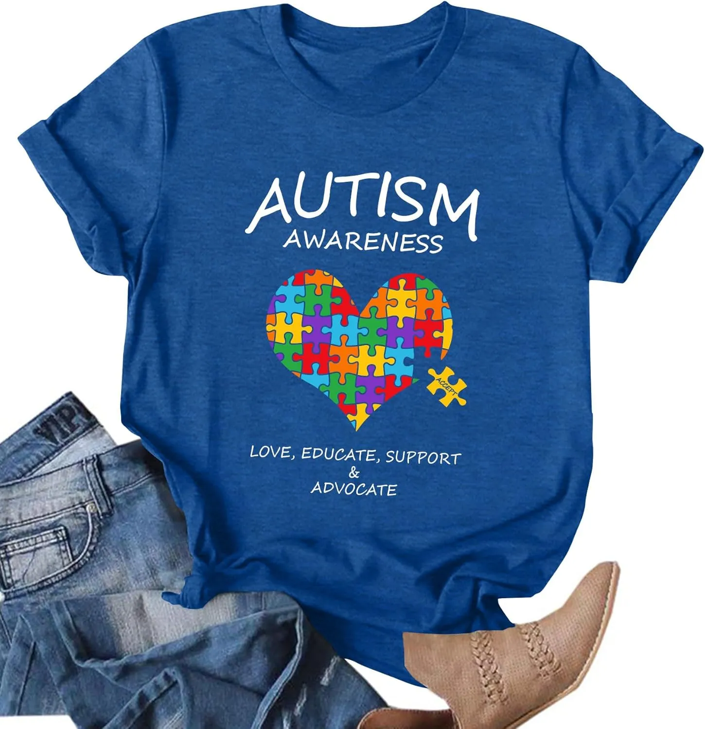 Autism Awareness Shirt for Women I Wear Blue Tshirt Autistic Mom T-Shirt Puzzle Piece Short Sleeve Tops