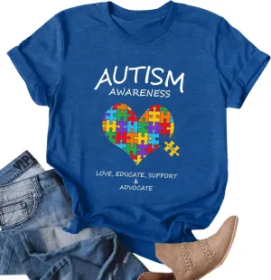 Autism Awareness Shirt for Women I Wear Blue Tshirt Autistic Mom T-Shirt Puzzle Piece Short Sleeve Tops