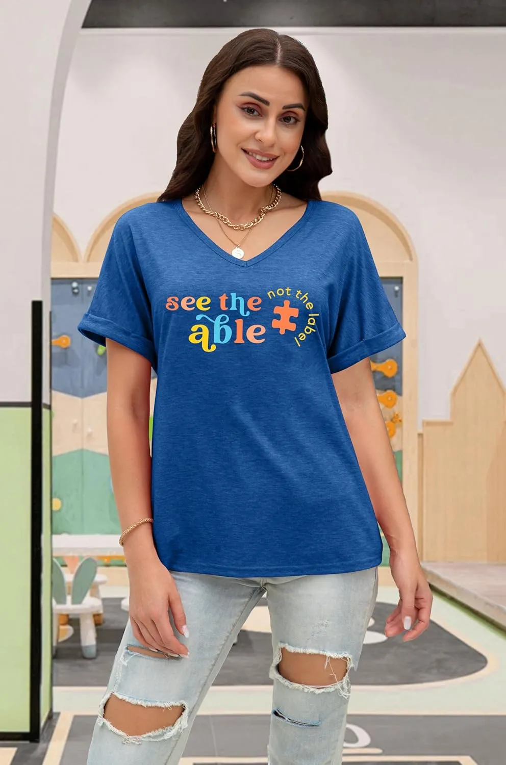 Autism Awareness Shirt for Women I Wear Blue Tshirt Autistic Mom T-Shirt Puzzle Piece Short Sleeve Tops