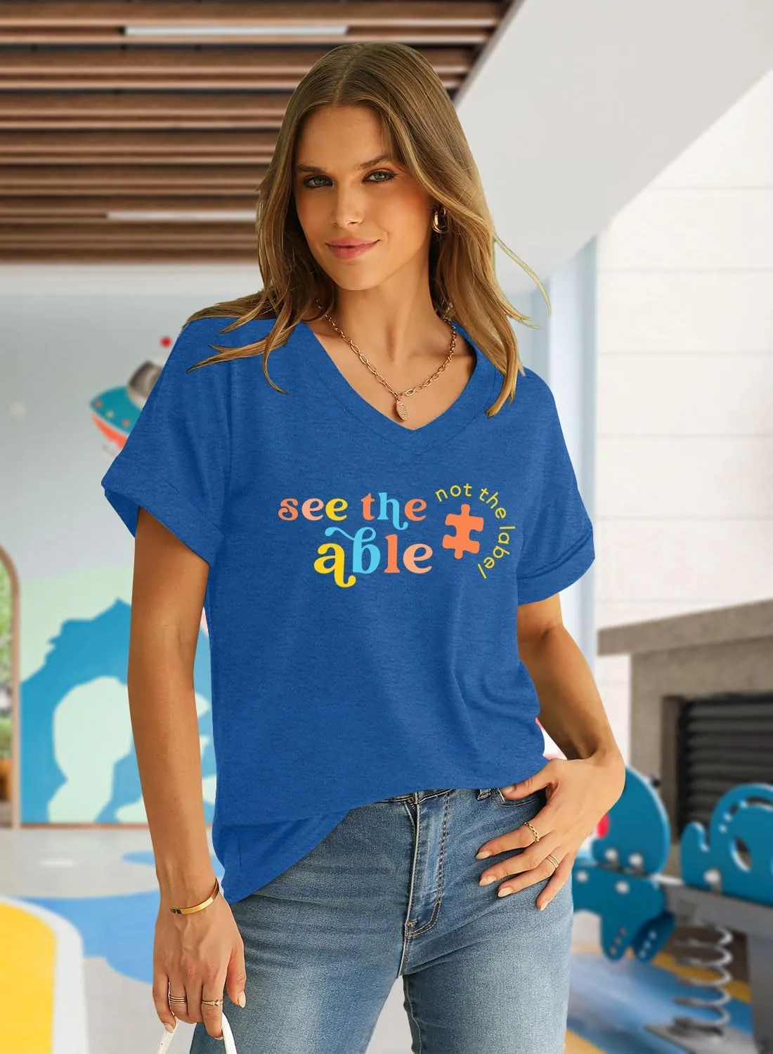 Autism Awareness Shirt for Women I Wear Blue Tshirt Autistic Mom T-Shirt Puzzle Piece Short Sleeve Tops