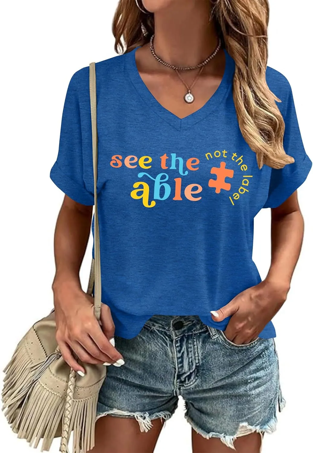 Autism Awareness Shirt for Women I Wear Blue Tshirt Autistic Mom T-Shirt Puzzle Piece Short Sleeve Tops