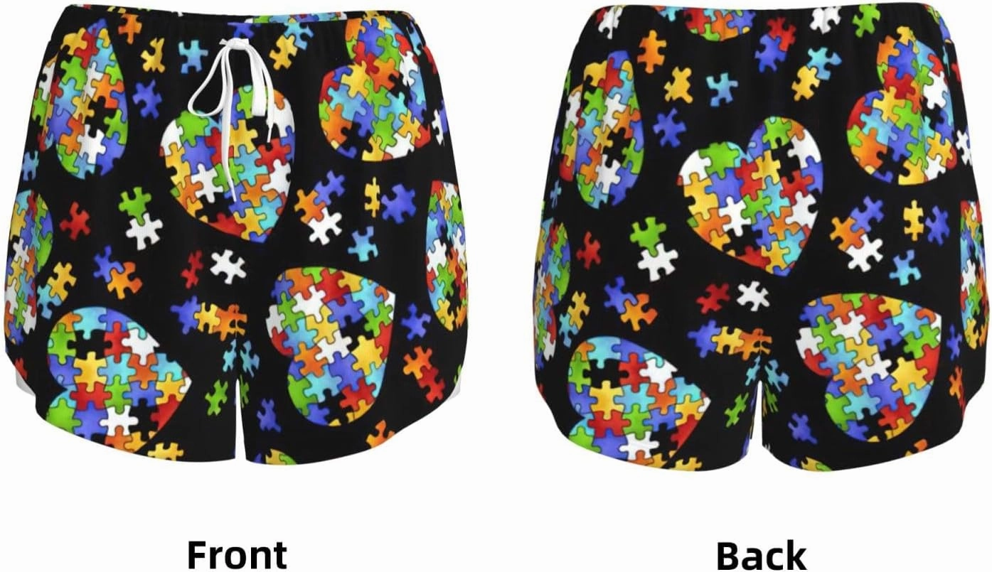 Autism Awareness Puzzle Pieces Heart Print Women's Double-Layer Athletic Shorts Running Shorts Gym Workout Shorts