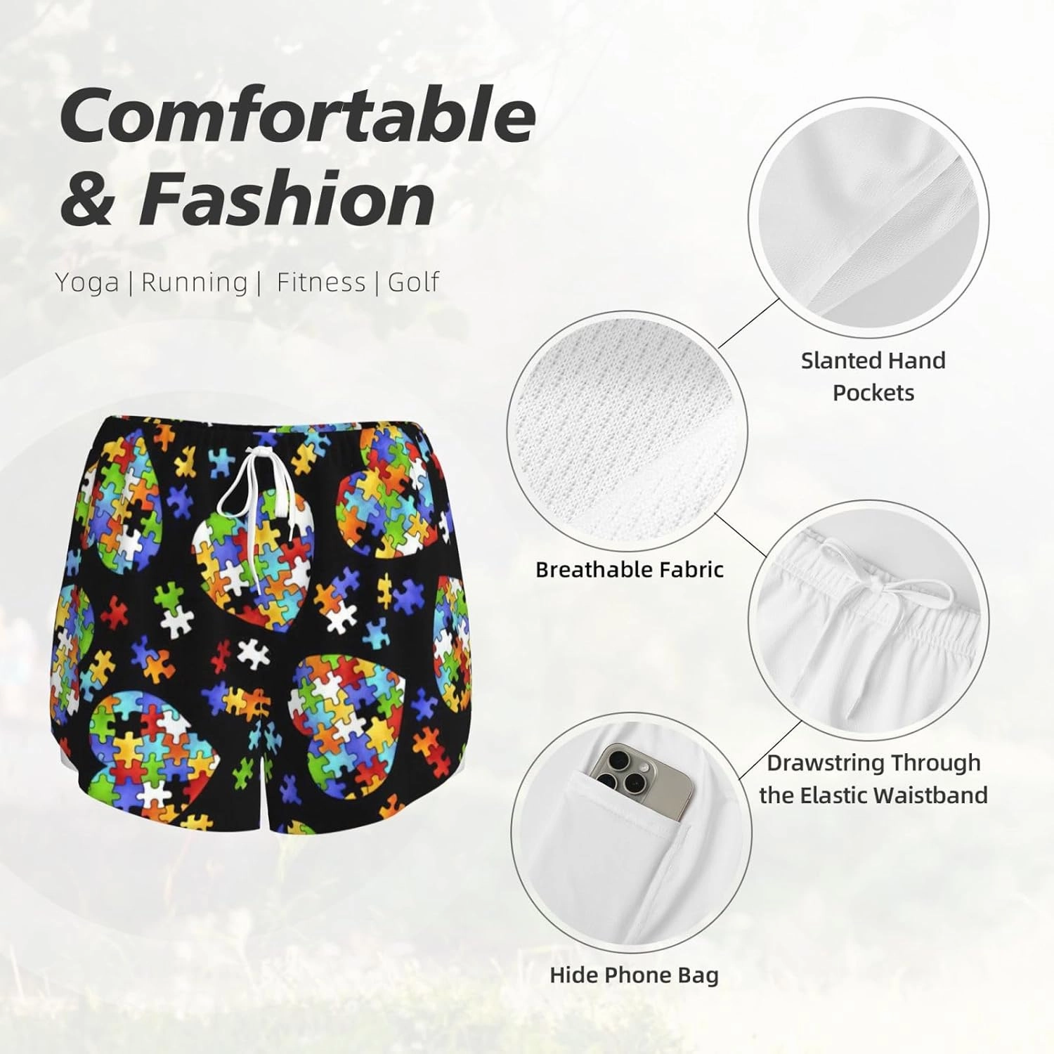 Autism Awareness Puzzle Pieces Heart Print Women's Double-Layer Athletic Shorts Running Shorts Gym Workout Shorts