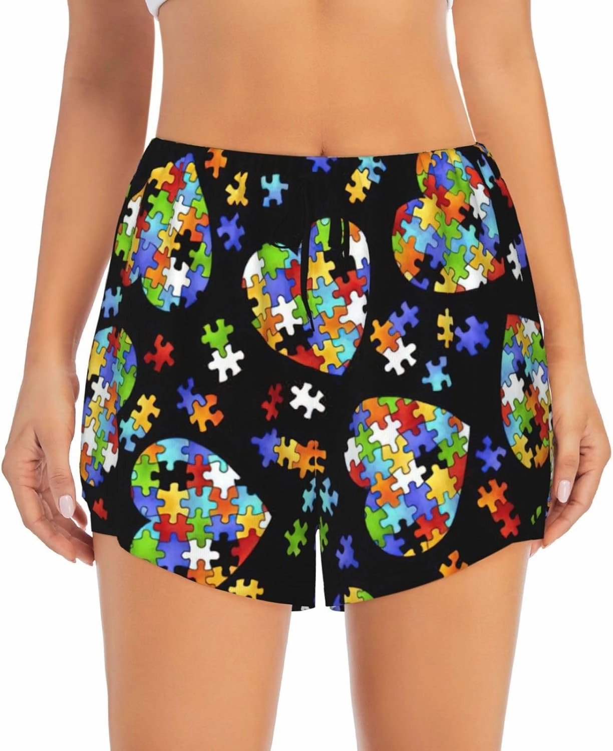 Autism Awareness Puzzle Pieces Heart Print Women's Double-Layer Athletic Shorts Running Shorts Gym Workout Shorts