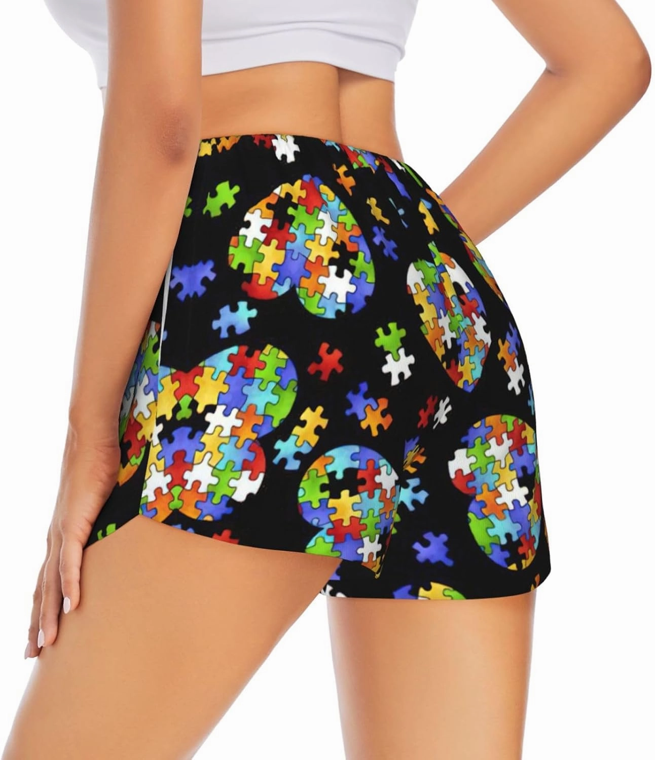 Autism Awareness Puzzle Pieces Heart Print Women's Double-Layer Athletic Shorts Running Shorts Gym Workout Shorts