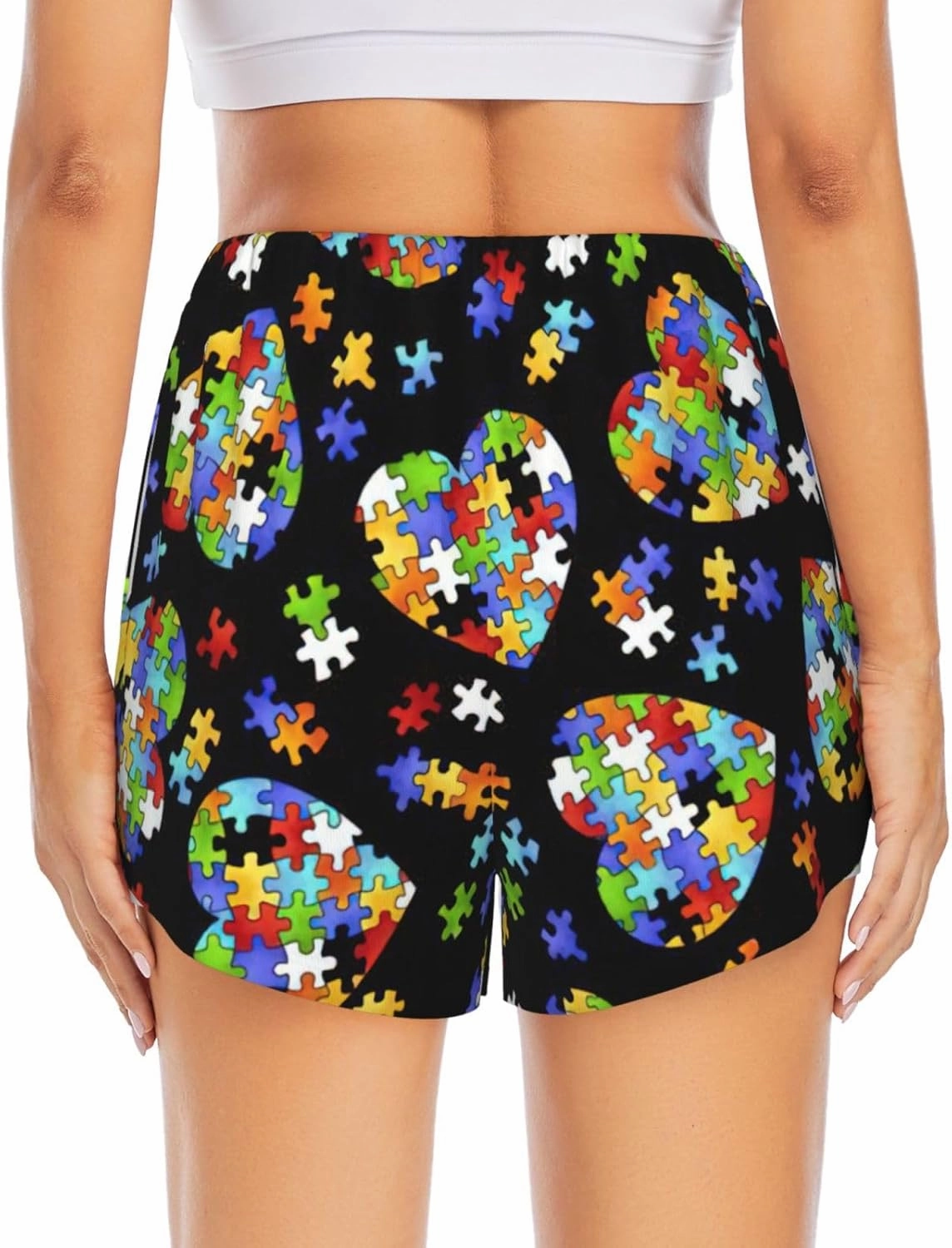 Autism Awareness Puzzle Pieces Heart Print Women's Double-Layer Athletic Shorts Running Shorts Gym Workout Shorts