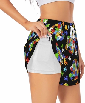 Autism Awareness Puzzle Pieces Heart Print Women's Double-Layer Athletic Shorts Running Shorts Gym Workout Shorts