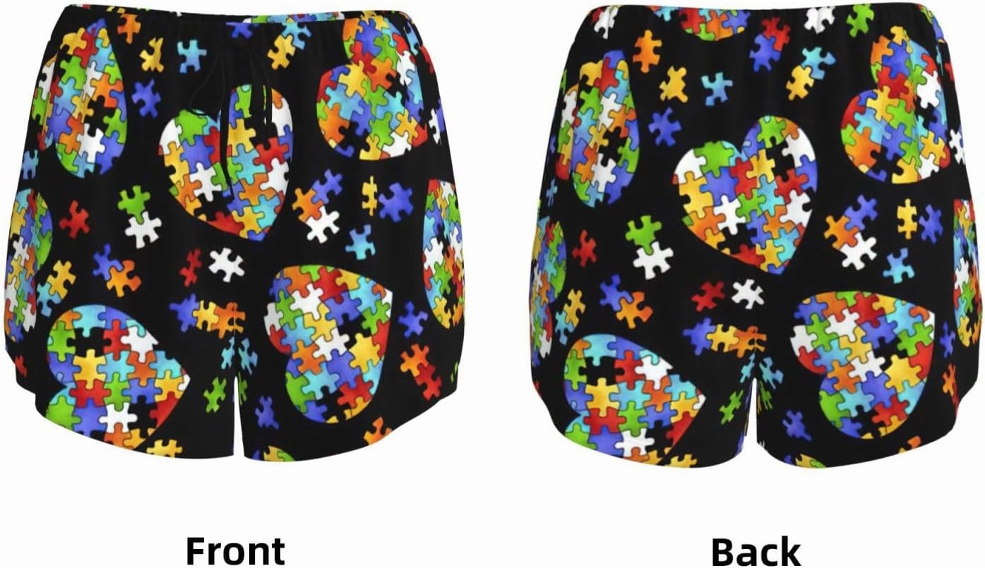 Autism Awareness Puzzle Pieces Heart Print Women's Double-Layer Athletic Shorts Running Shorts Gym Workout Shorts