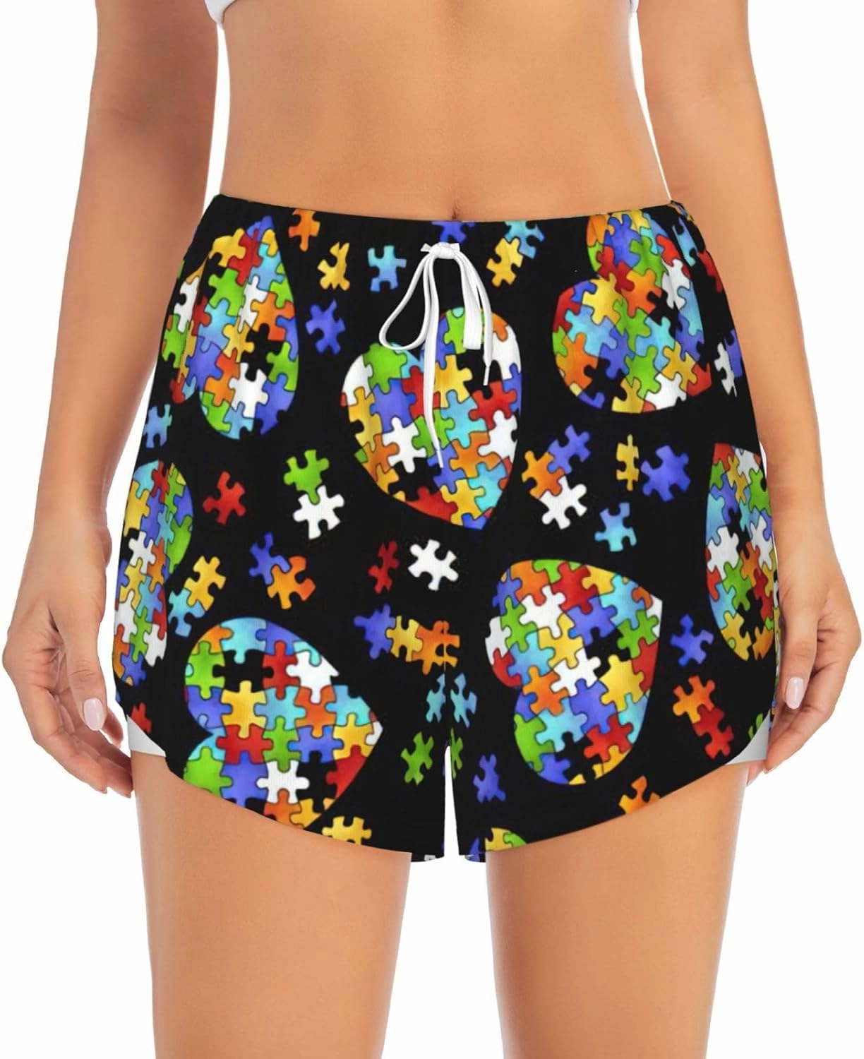 Autism Awareness Puzzle Pieces Heart Print Women's Double-Layer Athletic Shorts Running Shorts Gym Workout Shorts