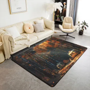 Autumn Camping Indoor Floor Mat,Rustic Jungle Trailer RV Camper Adventure Decorative Carpet for Bedroom Bedside, Fall Natural Maple Trees Leaves Playroom Rugs Home Decor 5x6'6'' Area Rug