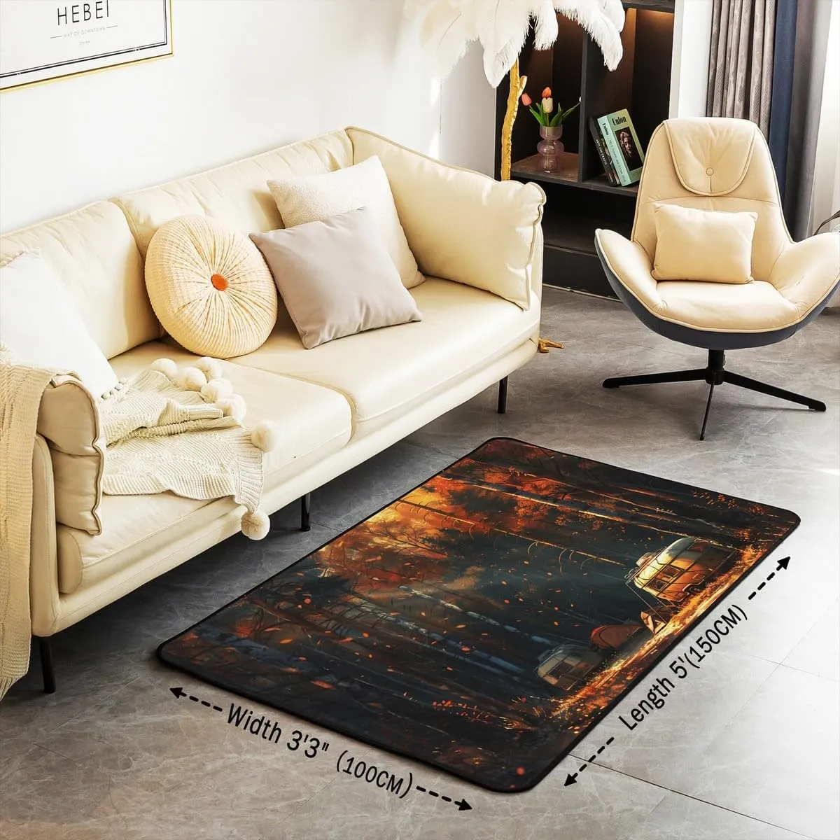 Autumn Camping Indoor Floor Mat,Rustic Jungle Trailer RV Camper Adventure Decorative Carpet for Bedroom Bedside, Fall Natural Maple Trees Leaves Playroom Rugs Home Decor 5x6'6'' Area Rug