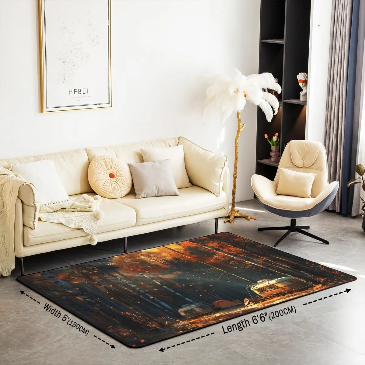 Autumn Camping Indoor Floor Mat,Rustic Jungle Trailer RV Camper Adventure Decorative Carpet for Bedroom Bedside, Fall Natural Maple Trees Leaves Playroom Rugs Home Decor 5x6'6'' Area Rug
