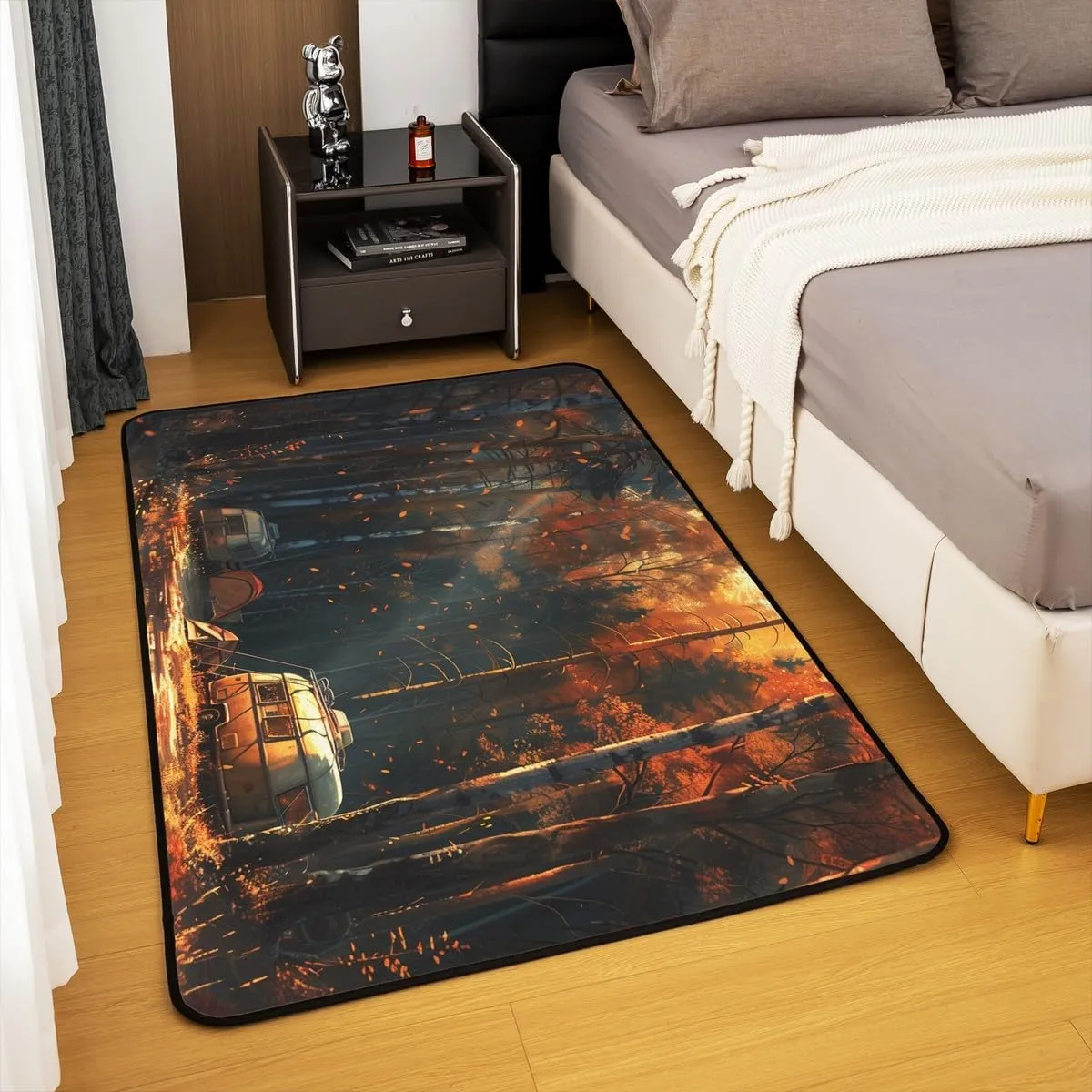 Autumn Camping Indoor Floor Mat,Rustic Jungle Trailer RV Camper Adventure Decorative Carpet for Bedroom Bedside, Fall Natural Maple Trees Leaves Playroom Rugs Home Decor 5x6'6'' Area Rug