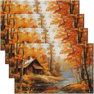 Autumn Jungle Cabin Placemats Orange Maple Leaves Natural Trees Table Mats for Kids Teens Adults 3D River Wood Farmhouse Kitchen Mats for Dining Table 12x18 Inch Set of 4