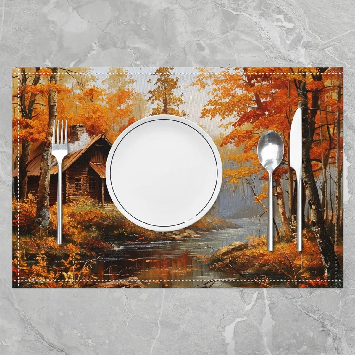 Autumn Jungle Cabin Placemats Orange Maple Leaves Natural Trees Table Mats for Kids Teens Adults 3D River Wood Farmhouse Kitchen Mats for Dining Table 12x18 Inch Set of 4