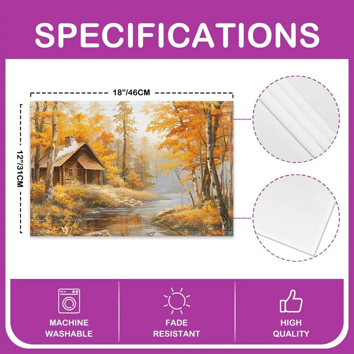 Autumn Jungle Cabin Placemats Orange Maple Leaves Natural Trees Table Mats for Kids Teens Adults 3D River Wood Farmhouse Kitchen Mats for Dining Table 12x18 Inch Set of 4