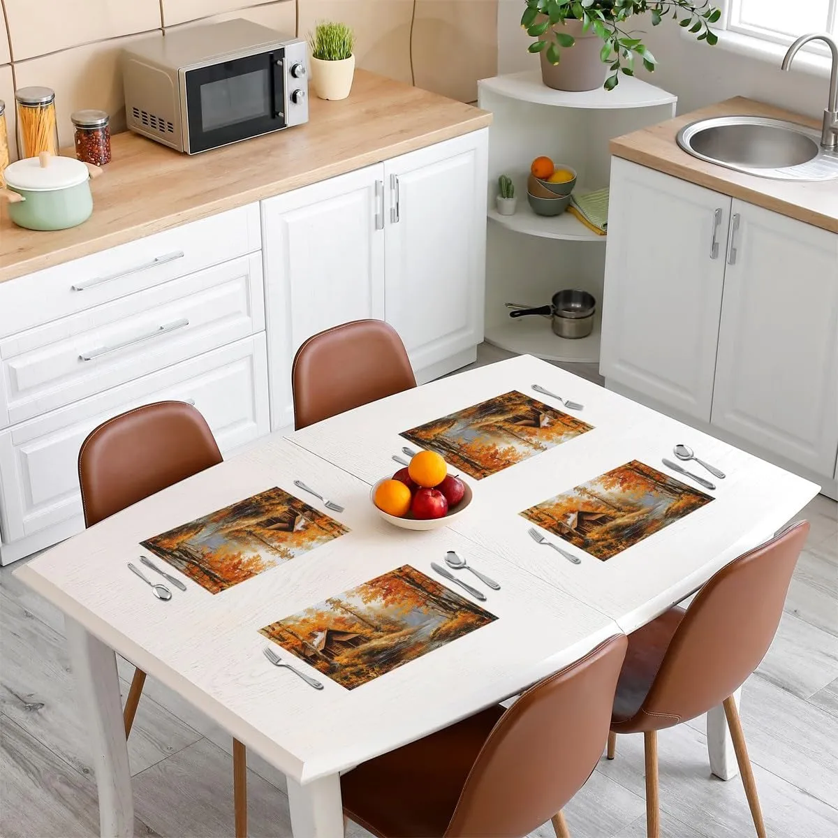 Autumn Jungle Cabin Placemats Orange Maple Leaves Natural Trees Table Mats for Kids Teens Adults 3D River Wood Farmhouse Kitchen Mats for Dining Table 12x18 Inch Set of 4