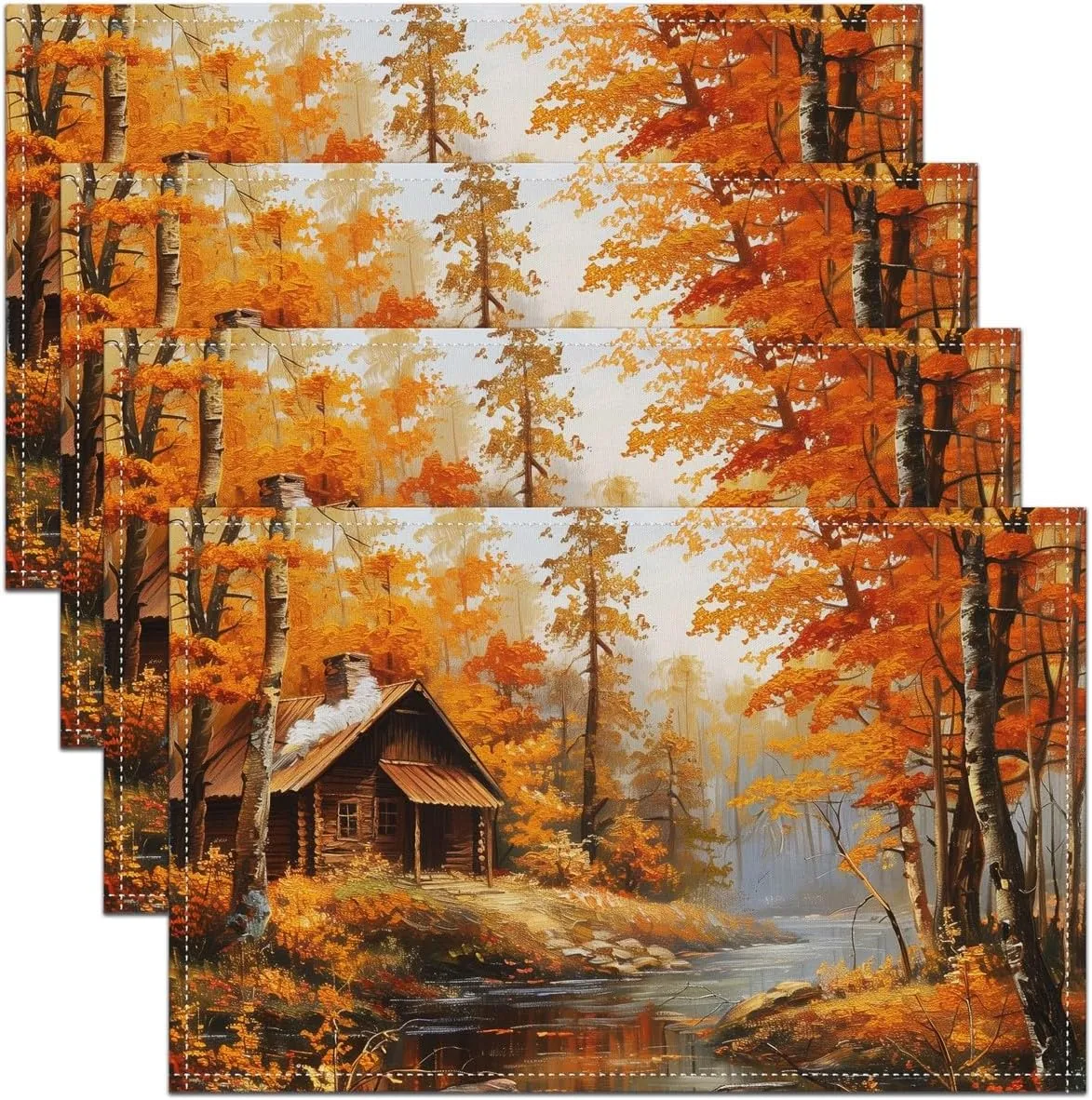 Autumn Jungle Cabin Placemats Orange Maple Leaves Natural Trees Table Mats for Kids Teens Adults 3D River Wood Farmhouse Kitchen Mats for Dining Table 12x18 Inch Set of 4