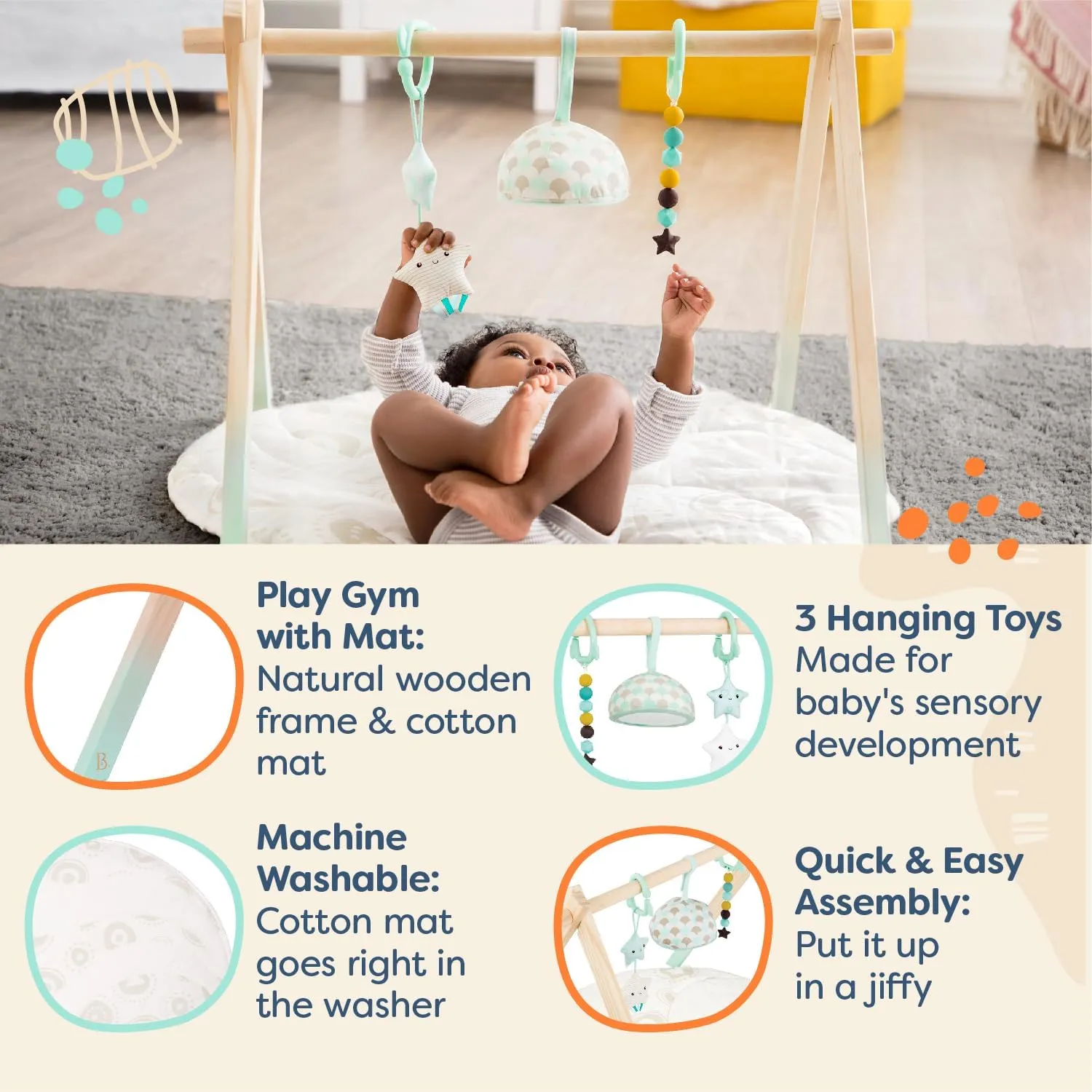 B. toys- B. baby- Wooden Baby Play Gym – Activity Mat – Starry Sky – 3 Hanging Sensory Toys – Natural Wood – Babies, Infants