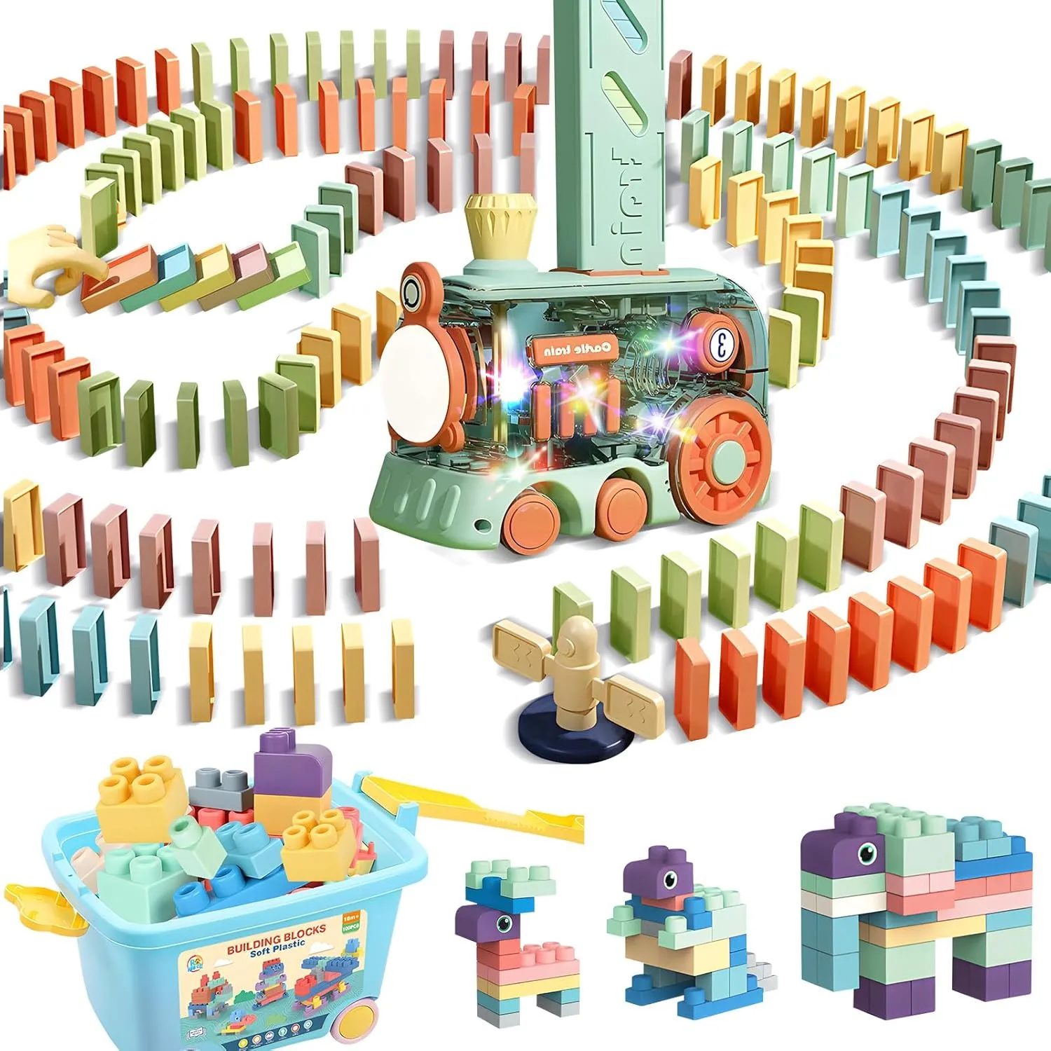 Baby Blocks Set with Storage Bucket, Rubber Soft Blocks for Preschool, Sensory Stacking Toys and Domino Train Toy, 80 PCS Kids Games Automatic Dominos Set, STEM Montessori Toys for 3 Year Old