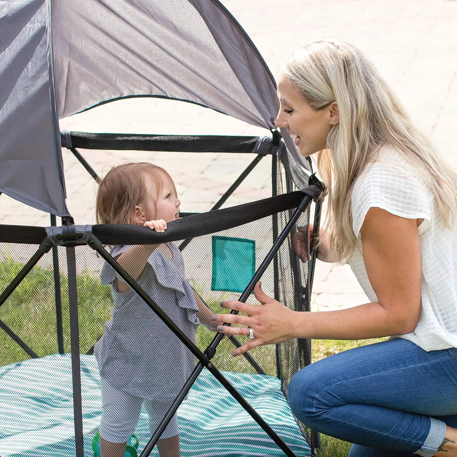Baby Delight Go With Me Eclipse Mesh Portable Playard | Playpen | Sun Canopy | Indoor and Outdoor | Watercolor Stripe Base