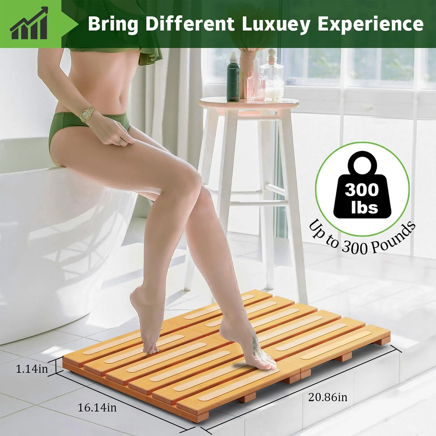 Bamboo Bath Mat for Shower, Dual Anti-Slip for Surface & Bottom, Waterproof Foldable Shower Mat, Easy to Carry and Storage, Perfect for Indoor Outdoor （ Natural, 20.86×13.77×1.14 Inches）