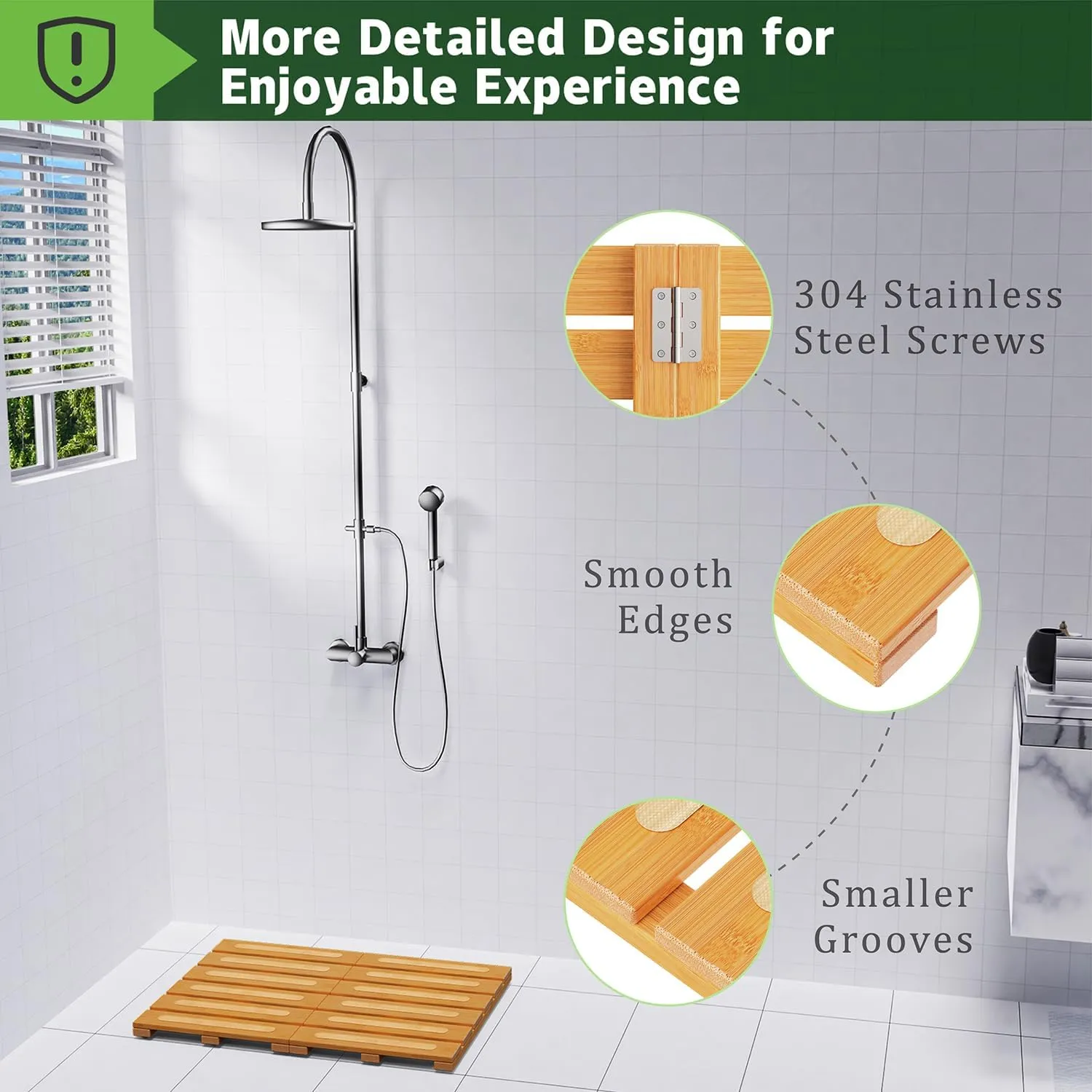Bamboo Bath Mat for Shower, Dual Anti-Slip for Surface & Bottom, Waterproof Foldable Shower Mat, Easy to Carry and Storage, Perfect for Indoor Outdoor （ Natural, 20.86×13.77×1.14 Inches）