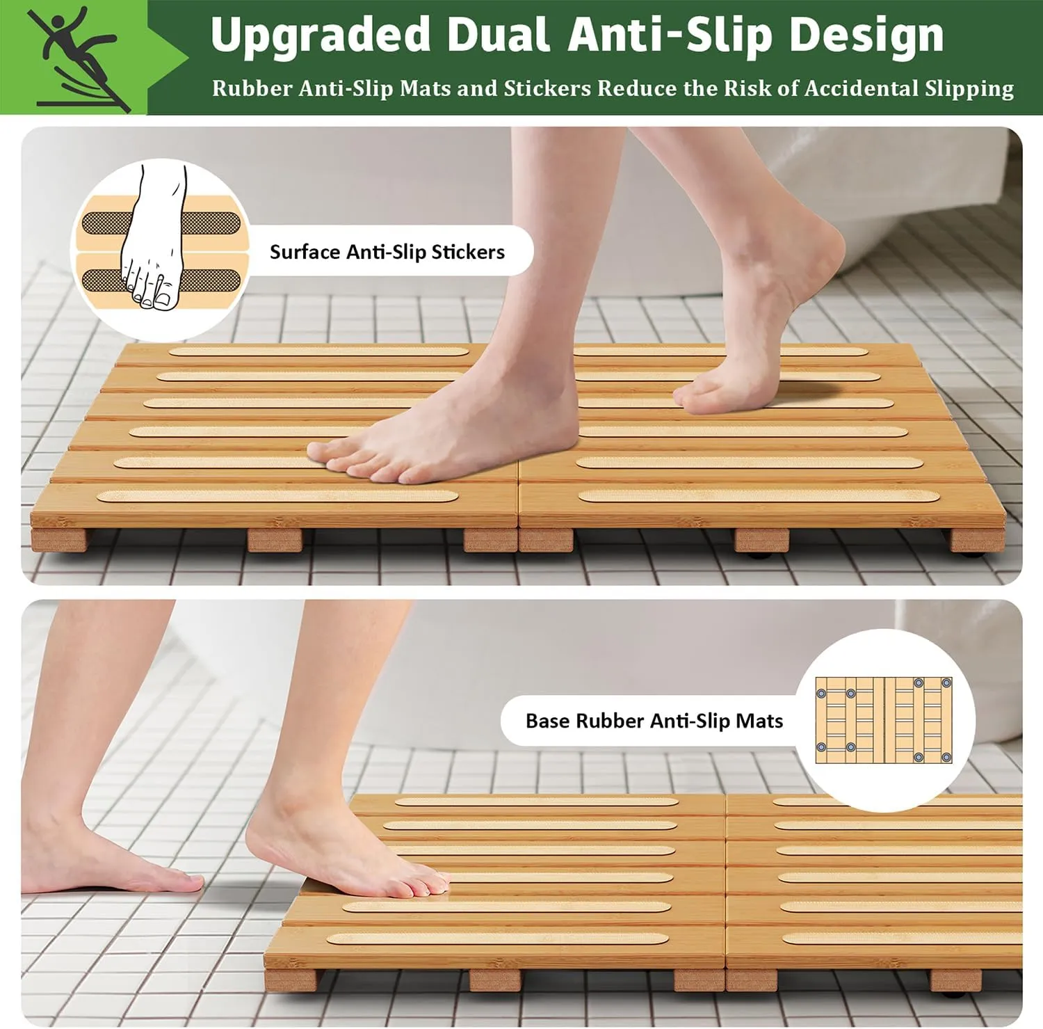 Bamboo Bath Mat for Shower, Dual Anti-Slip for Surface & Bottom, Waterproof Foldable Shower Mat, Easy to Carry and Storage, Perfect for Indoor Outdoor （ Natural, 20.86×13.77×1.14 Inches）