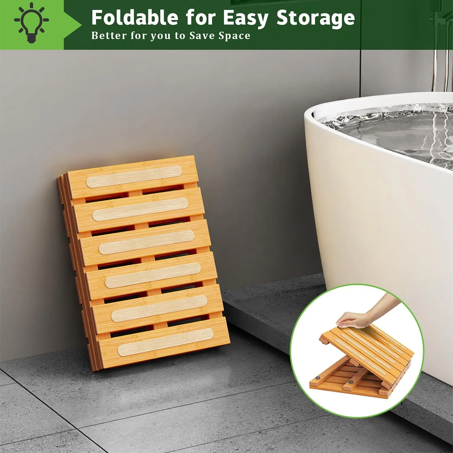Bamboo Bath Mat for Shower, Dual Anti-Slip for Surface & Bottom, Waterproof Foldable Shower Mat, Easy to Carry and Storage, Perfect for Indoor Outdoor （ Natural, 20.86×13.77×1.14 Inches）