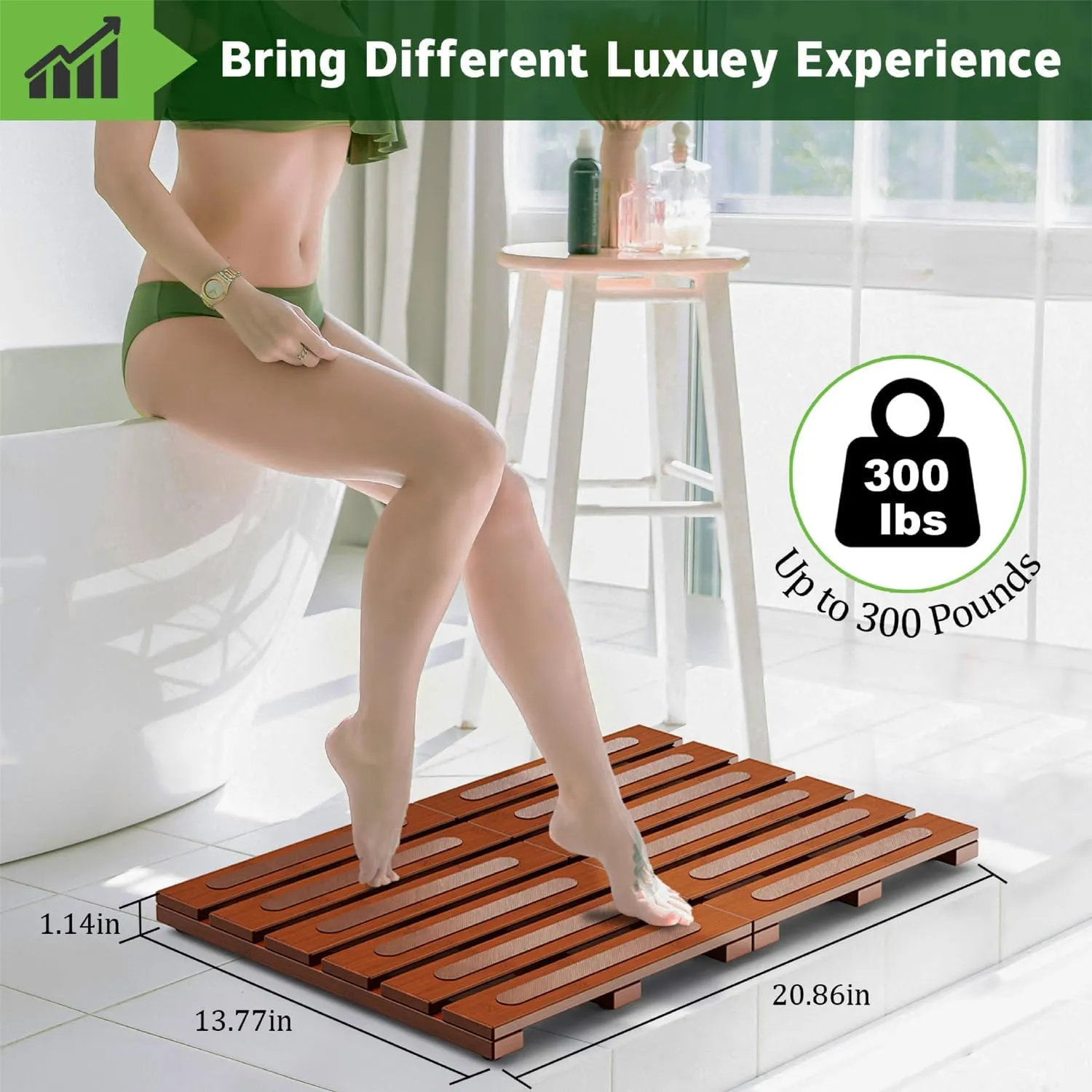 Bamboo Bath Mat for Shower, Non-Slip Bath Mat, Waterproof Foldable Shower Mat, Easy to Carry and Storage, Perfect for Indoor Outdoor （ Brown, 20.86×13.77×1.14 Inches）