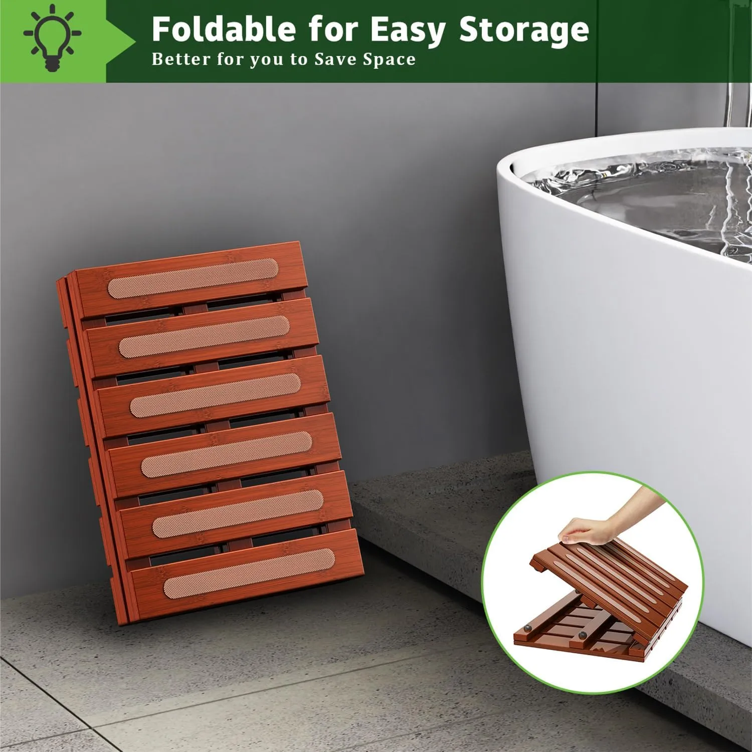 Bamboo Bath Mat for Shower, Non-Slip Bath Mat, Waterproof Foldable Shower Mat, Easy to Carry and Storage, Perfect for Indoor Outdoor （ Brown, 20.86×13.77×1.14 Inches）