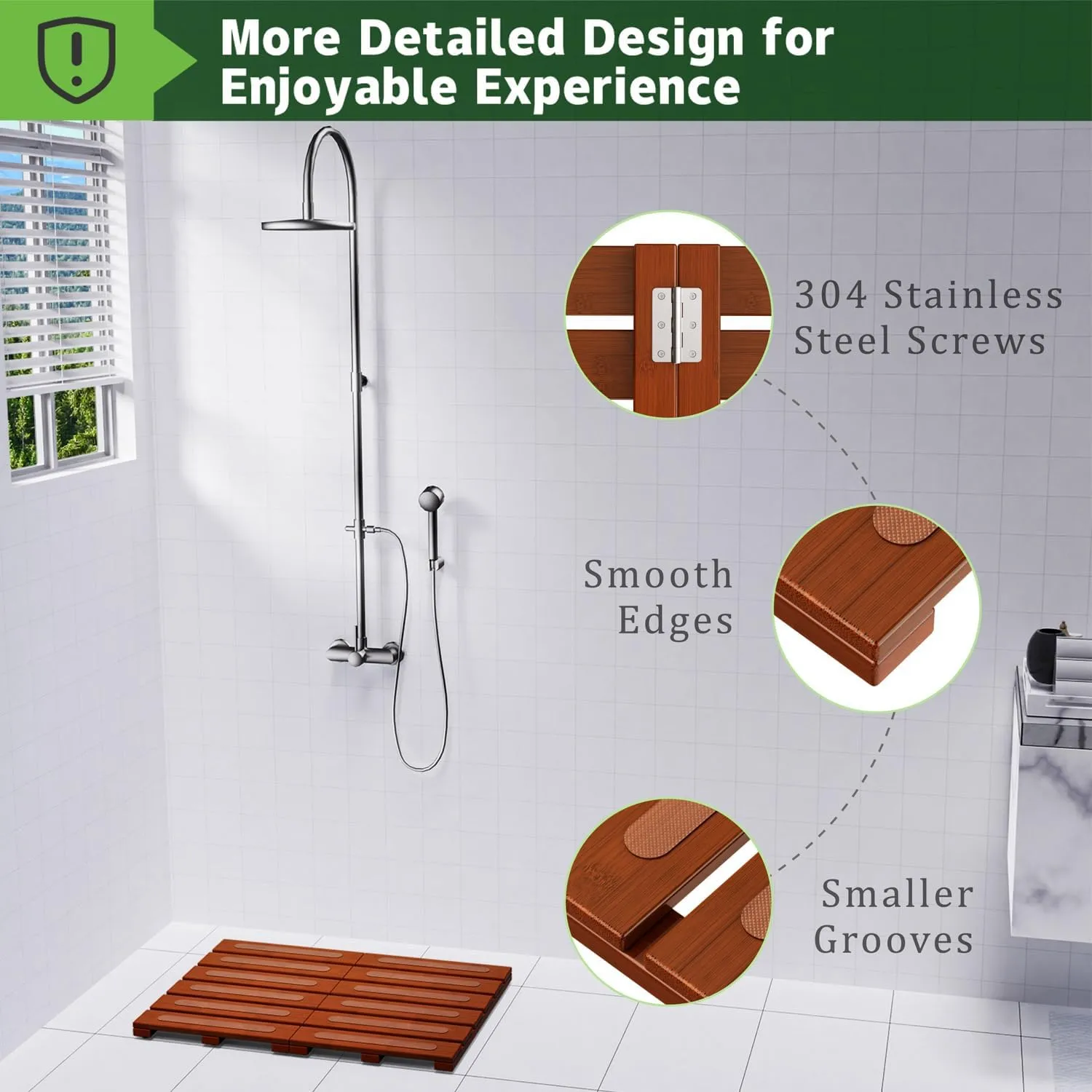 Bamboo Bath Mat for Shower, Non-Slip Bath Mat, Waterproof Foldable Shower Mat, Easy to Carry and Storage, Perfect for Indoor Outdoor （ Brown, 20.86×13.77×1.14 Inches）