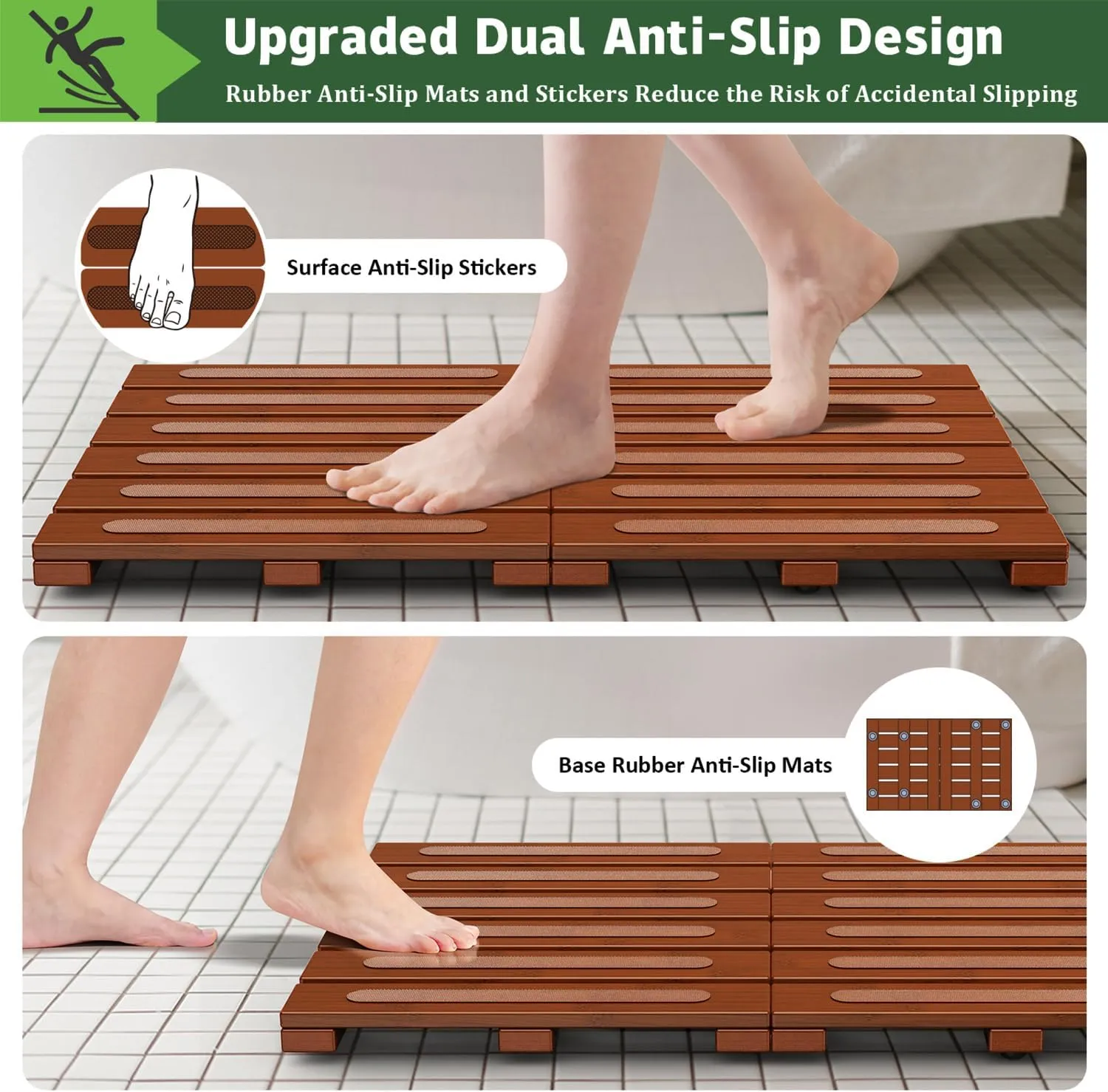 Bamboo Bath Mat for Shower, Non-Slip Bath Mat, Waterproof Foldable Shower Mat, Easy to Carry and Storage, Perfect for Indoor Outdoor （ Brown, 20.86×13.77×1.14 Inches）