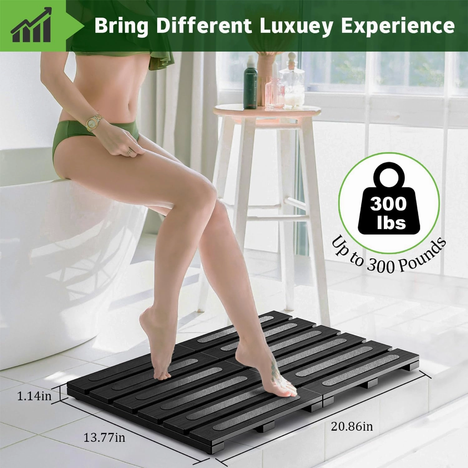 Bamboo Bath Mat for Shower, Dual Anti-Slip for Surface & Bottom, Waterproof Foldable Shower Mat, Easy to Carry and Storage, Perfect for Indoor Outdoor （Black, 20.86×13.77×1.14 Inches）