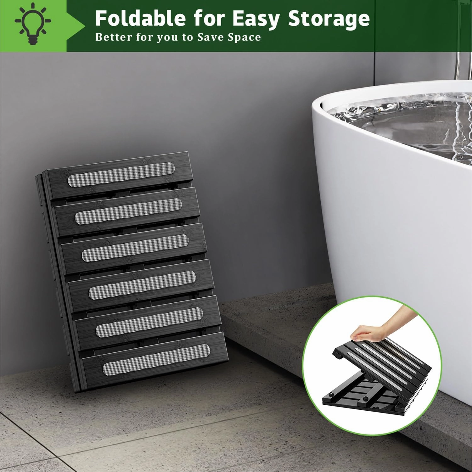 Bamboo Bath Mat for Shower, Dual Anti-Slip for Surface & Bottom, Waterproof Foldable Shower Mat, Easy to Carry and Storage, Perfect for Indoor Outdoor （Black, 20.86×13.77×1.14 Inches）