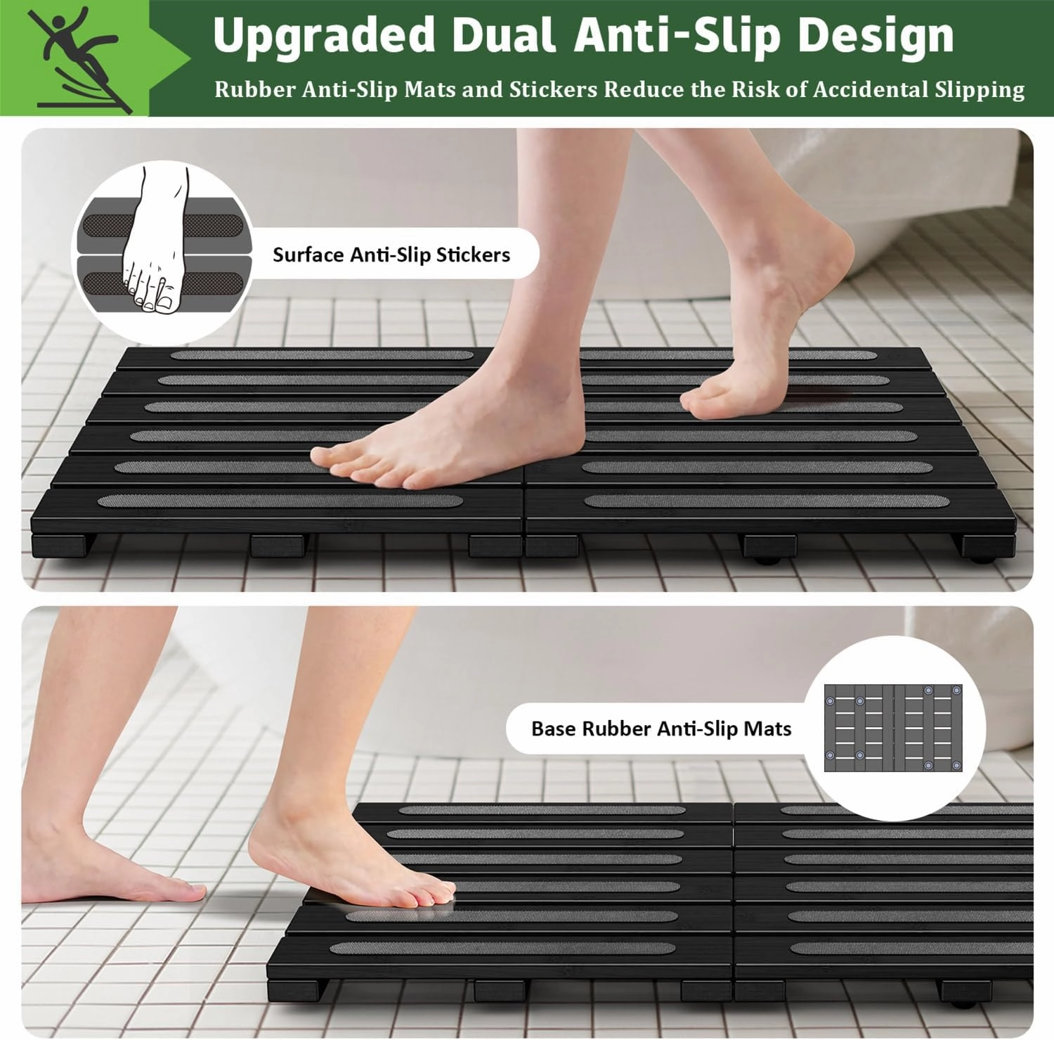 Bamboo Bath Mat for Shower, Dual Anti-Slip for Surface & Bottom, Waterproof Foldable Shower Mat, Easy to Carry and Storage, Perfect for Indoor Outdoor （Black, 20.86×13.77×1.14 Inches）