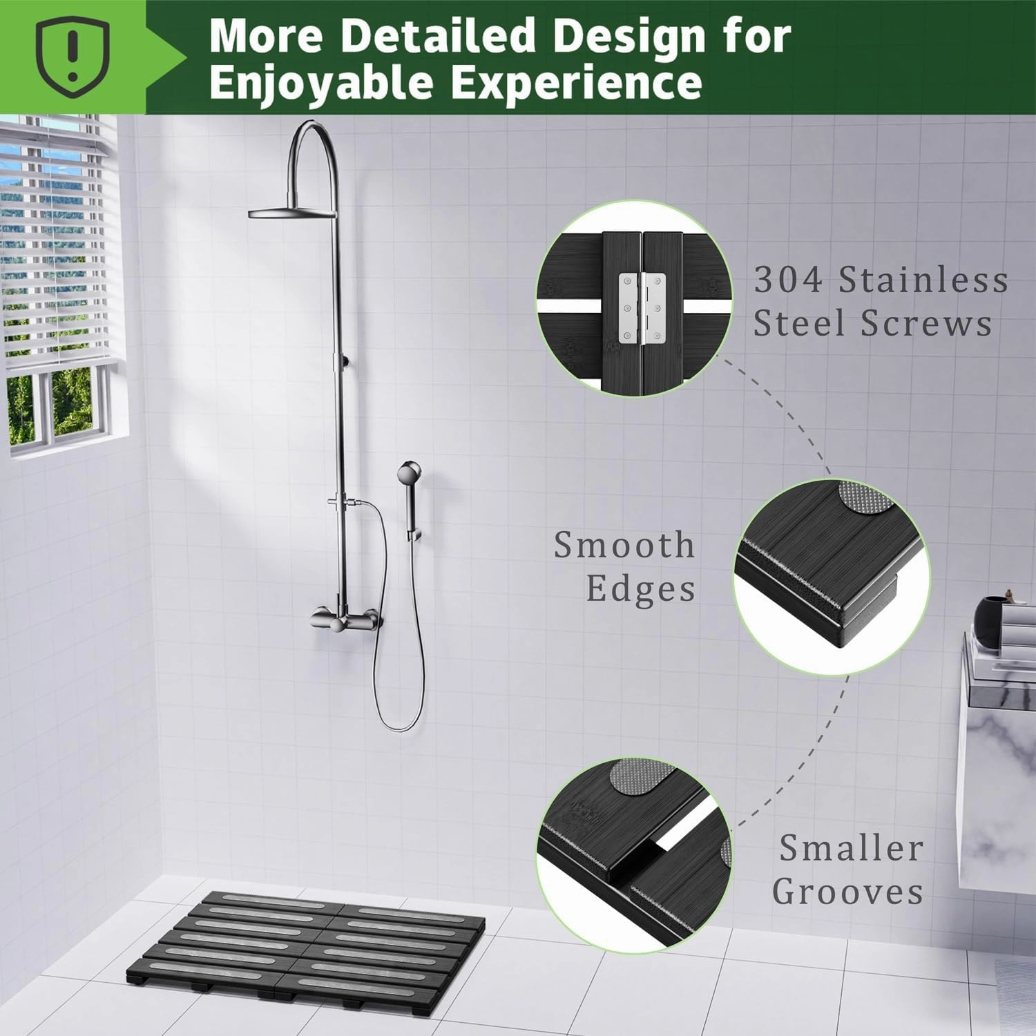 Bamboo Bath Mat for Shower, Dual Anti-Slip for Surface & Bottom, Waterproof Foldable Shower Mat, Easy to Carry and Storage, Perfect for Indoor Outdoor （Black, 20.86×13.77×1.14 Inches）