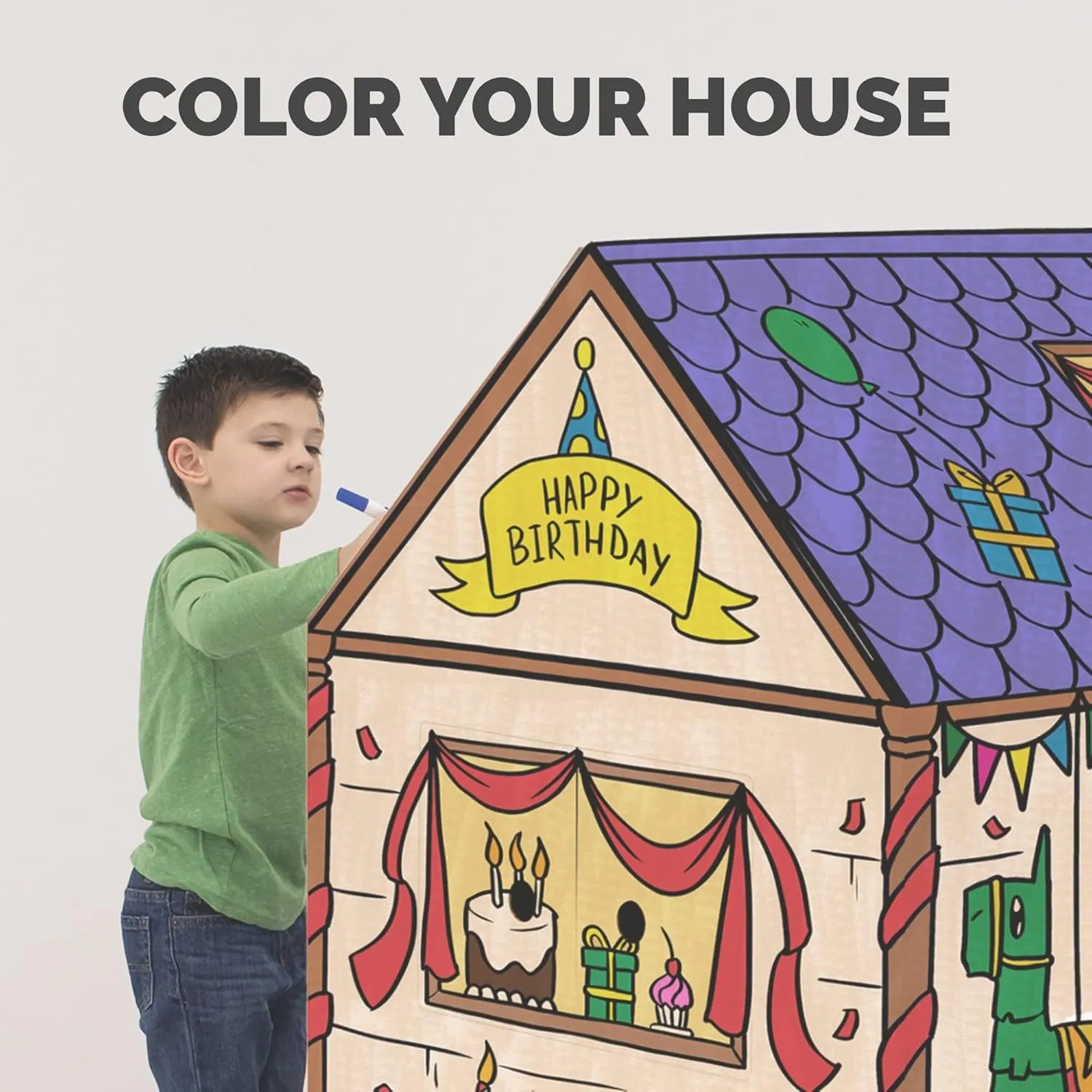 Bankers Box at Play Color in Birthday Playhouse, Cardboard Playhouse and Life Size Craft Activity for Kids and Families