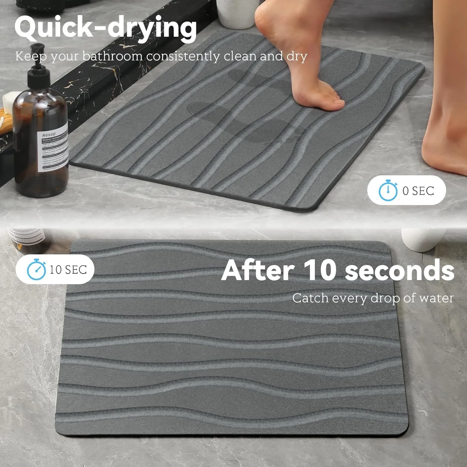 Bath Stone Mat, Fast-Absorbing, Quick-Dry, and Non-Slip Bathroom Mat, Inspired Diatomaceous Earth Bath Mat, Dark Gray-River