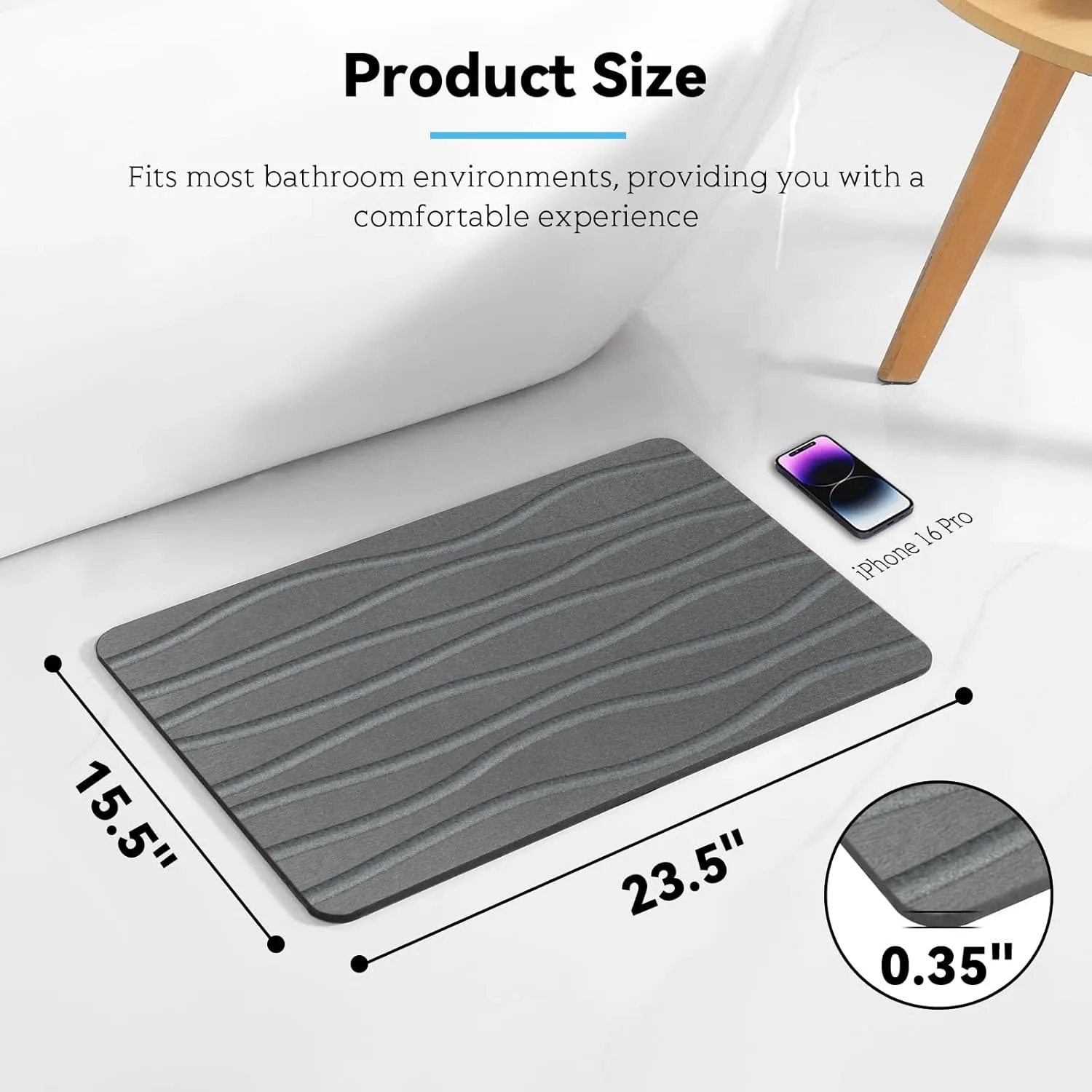 Bath Stone Mat, Fast-Absorbing, Quick-Dry, and Non-Slip Bathroom Mat, Inspired Diatomaceous Earth Bath Mat, Dark Gray-River