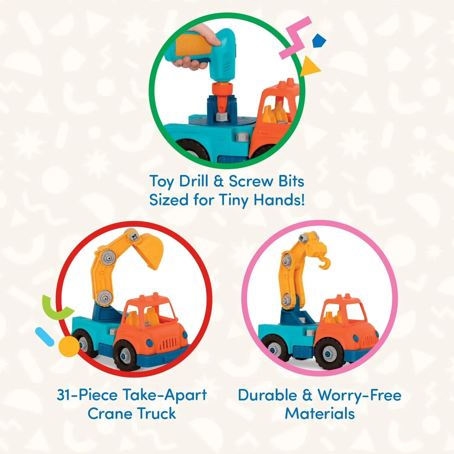 Battat- Wonder Wheels- Take-Apart Crane Truck – Toy Crane Truck With Drill For Kids – STEM Toy- Developmental Toy – 3 Years  