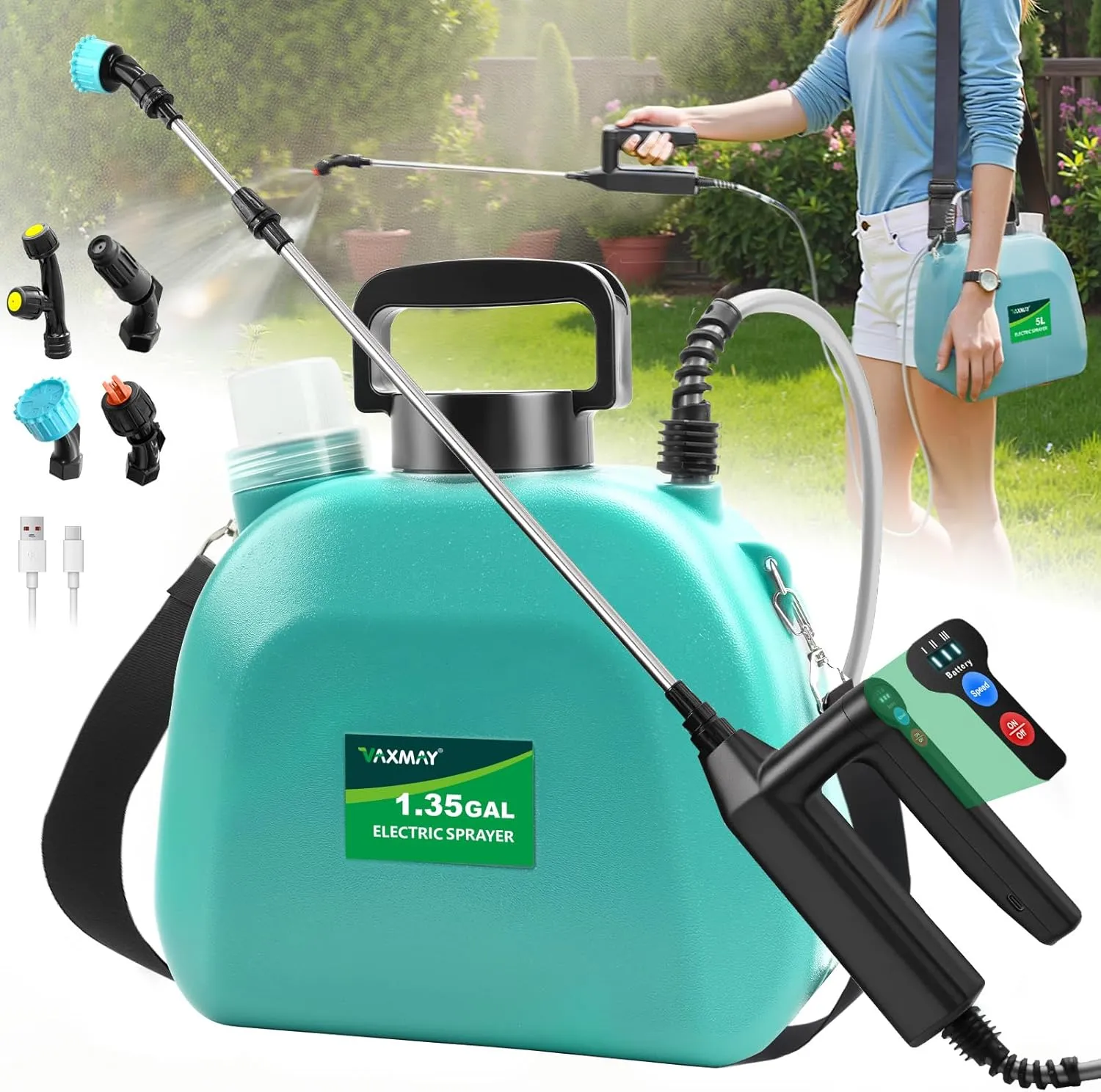 Battery Powered Sprayer 1.35 Gallon, 2025 Electric Sprayer with 3 Adjustable Speeds, 4 Mist Nozzles, Rechargeable Handle, Retractable Wand, Garden Sprayer with Adjustable Shoulder Strap for Weed Lawn