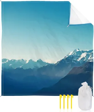 Beach Blanket Sandproof, Natural Snowy Mountain Landscape Mountain Range Photo Blue Waterproof Beach Mat Lightweight Quick Drying Picnic Blanket Beach Essentials for Travel Camping Hiking 108x84in