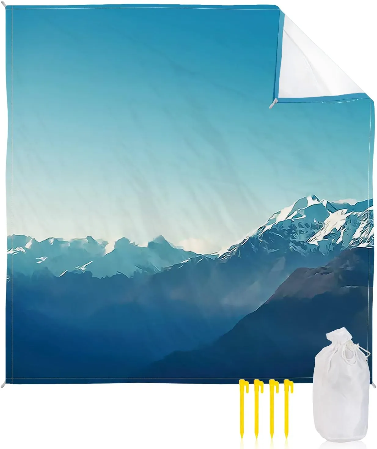 Beach Blanket Sandproof, Natural Snowy Mountain Landscape Mountain Range Photo Blue Waterproof Beach Mat Lightweight Quick Drying Picnic Blanket Beach Essentials for Travel Camping Hiking 108x84in