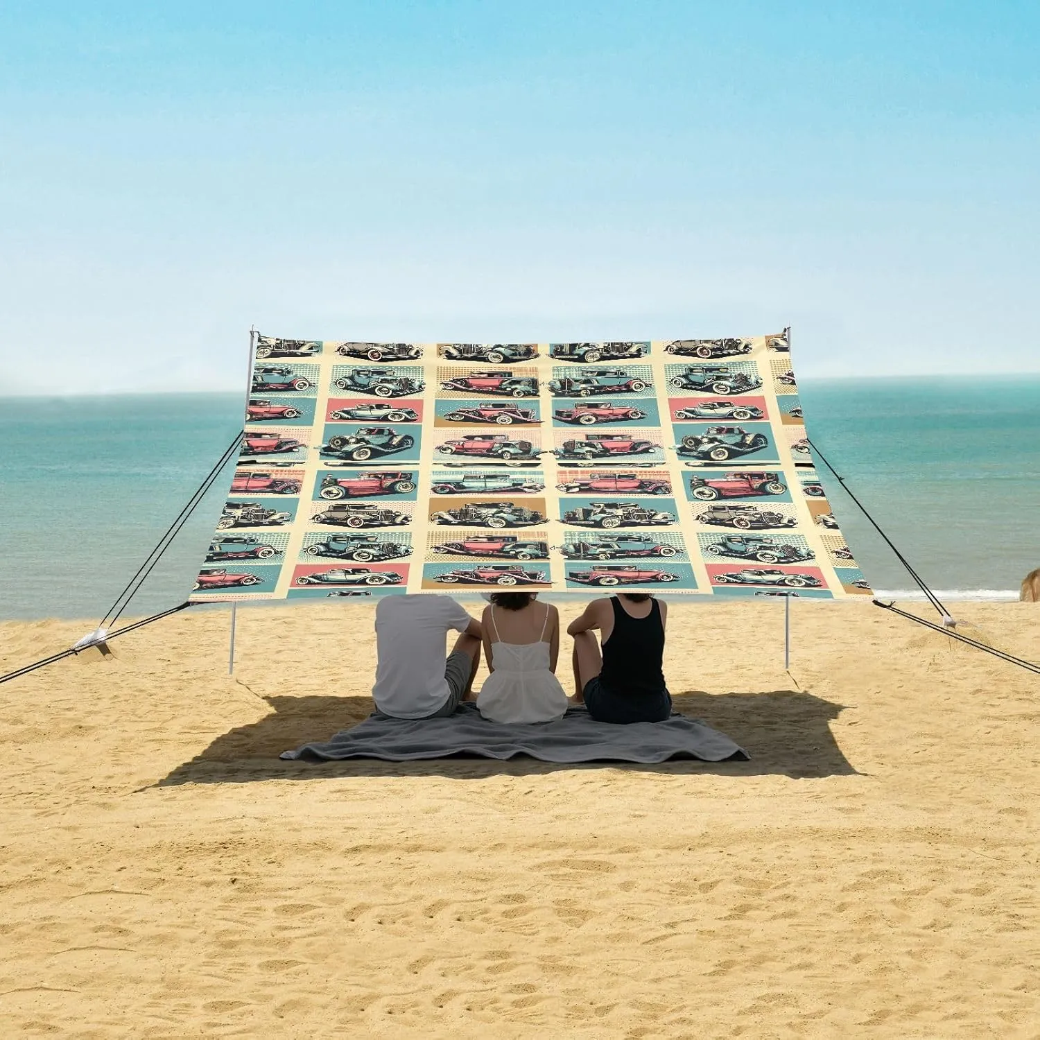 Beach Shade Tent with UPF50  UV Protection,Pop Art Artistic Retro Cars Lightweight Camping Sun Shelter for Outdoor,Camping Trips, Fishing, Backyard,Picnics,Easy Set Up and Carry 9x10.5 FT