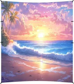 Beach Tent Beach Sunset Palm Trees Waves Beach Canopy Outdoor Sun Shelter with Sandbags Sand Shovel Ground Pegs Stability Poles, Portable Sun Protection for Camping Picnic Fishing Backyard Fam