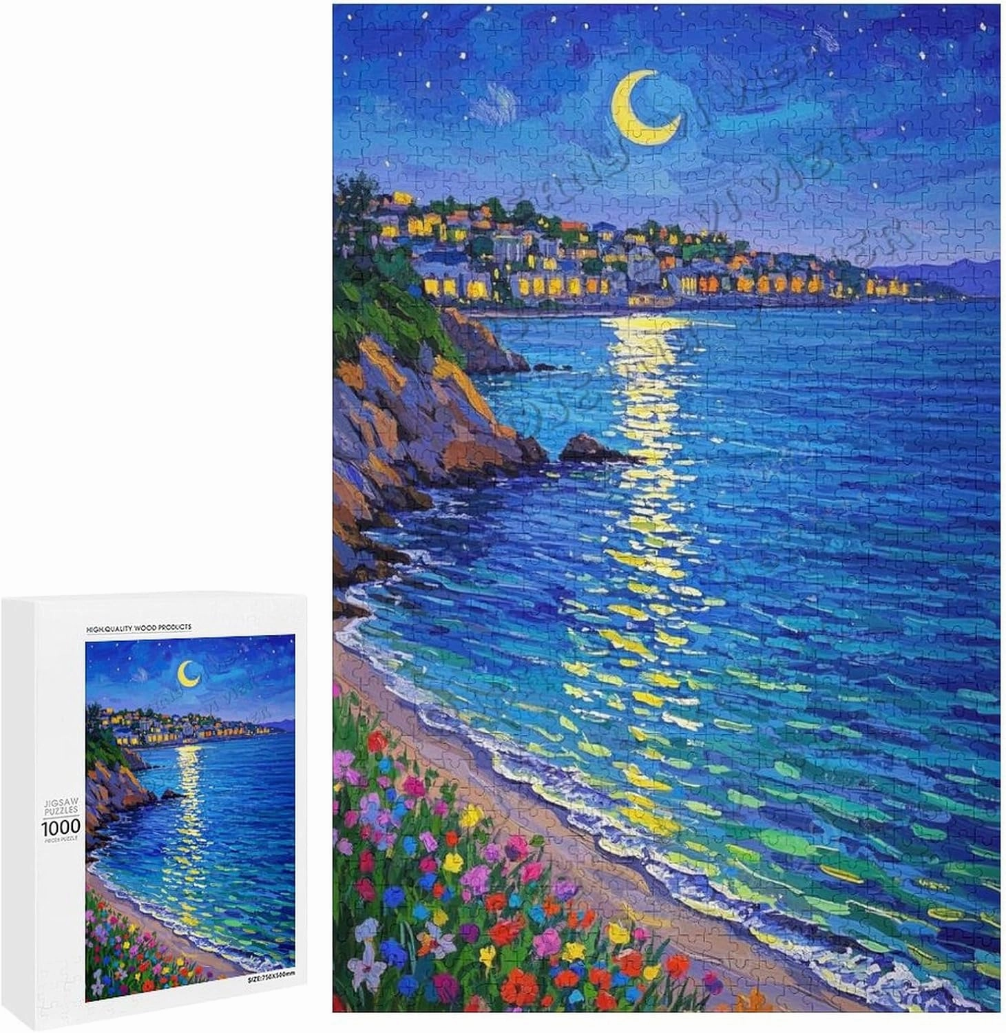 Beach Night View Jigsaw Puzzle 1000 Pieces – Premium Wooden Puzzle for Adults | Scenic Ocean & Moon Art | Stress-Relief & Engaging Brain Game | Gift Idea | 30" x 20"