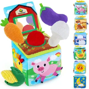 beetoy Sensory Busy Cube Tummy Time Baby Toy with Mirror, Early Learning Development Montessori Sensory Box Toy for Baby with Texture Vegetablesn, Numbers, Ribbon, Crinkle Ears, Wag Dog Tail