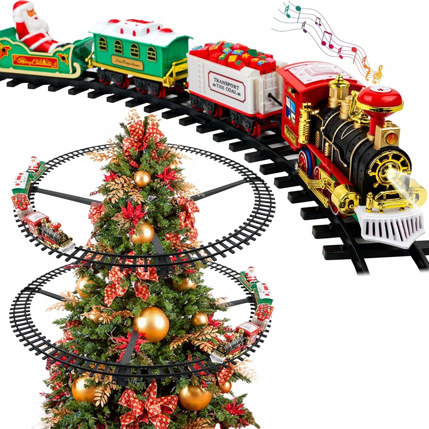 BELLOCHIDDO Christmas Train Sets for Around The Tree - Hanging Toy Train Set for Kids Ages 4-8 with Rails, Light and Sounds, Christmas Tree Train Sets Toy Gift for Boys Girls 3 4 5 6 7 Years Old